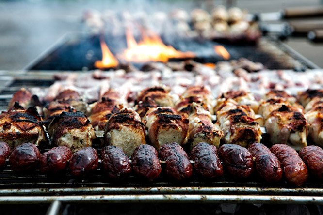 Sausage skewers on the grill.