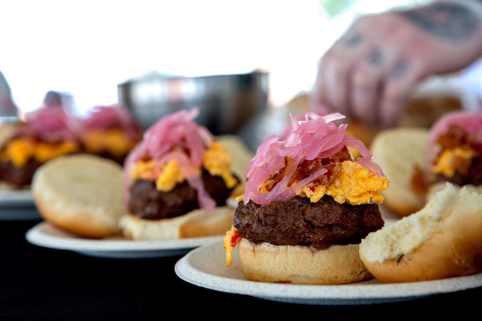 Three slider burgers plated up for the Burger Battle