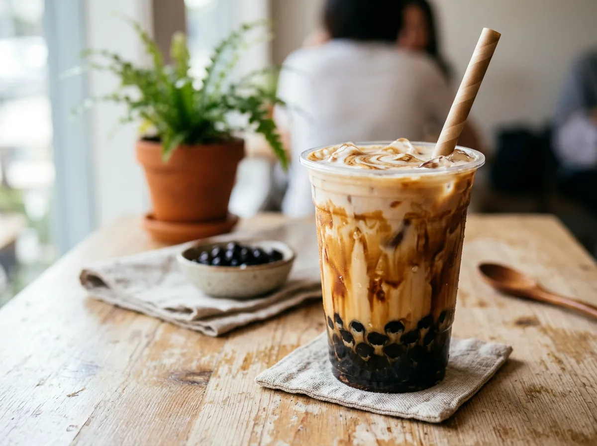 A tall iced brown-sugar boba milk tea from Bumble Bites.