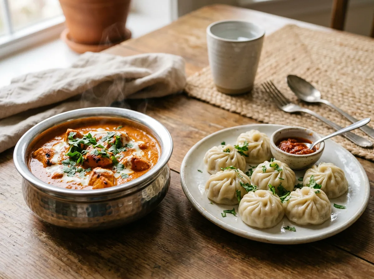 A bowl of butter chicken curry and a plate of Nepalese momos from Everest.