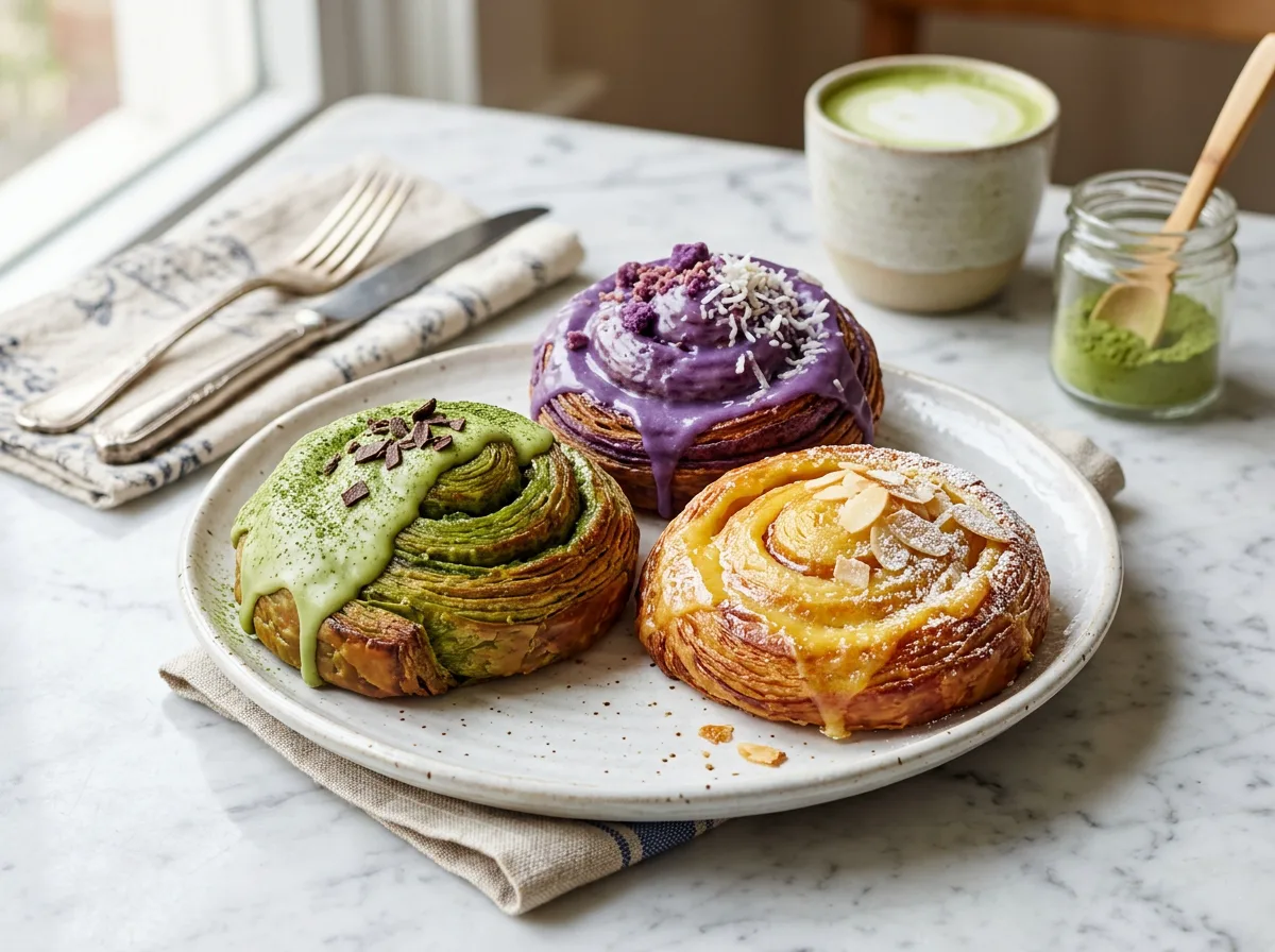 A trio of colorful ube, matcha, and cream swirl pastries from Purple Yum Asian Bakery.