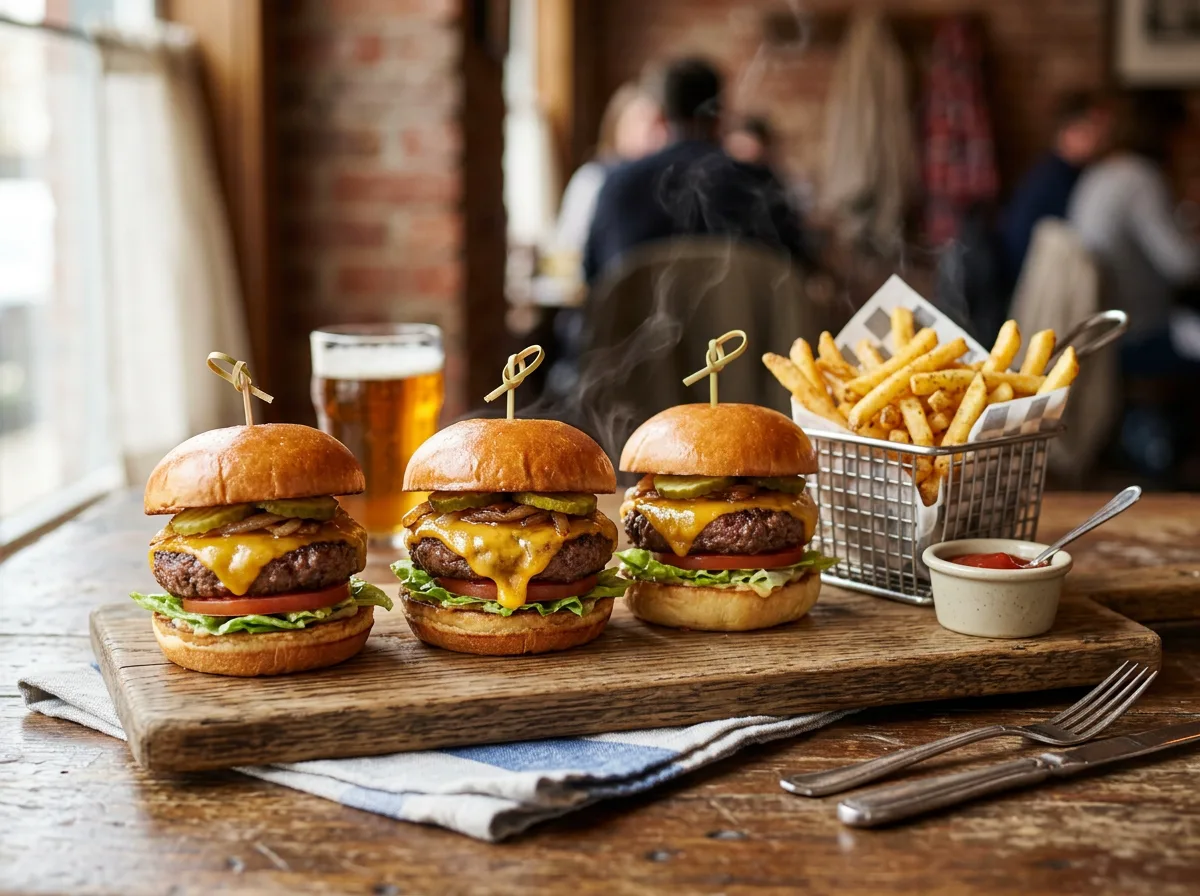 Three Southern-style cheeseburger sliders with fries from Southern Sliders.