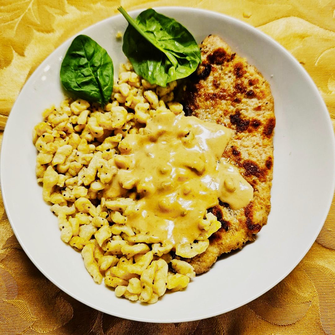 Schnitzel and spätzle in a creamy sauce from Spatzle Factory.